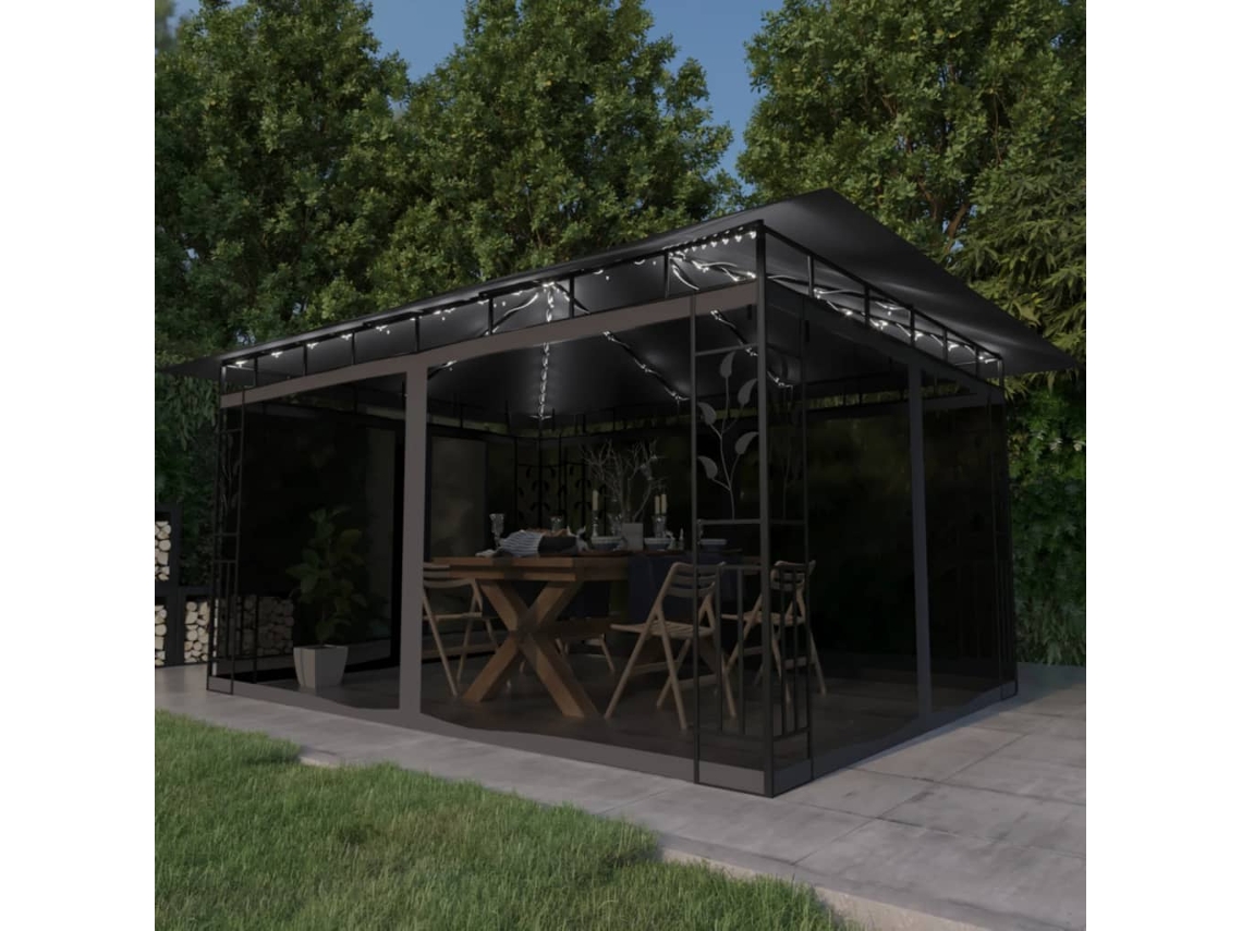 Vidaxl Gazebo C/ Mosquiteiro E Cordões Luzes Led 4x3x2,73m Antracite