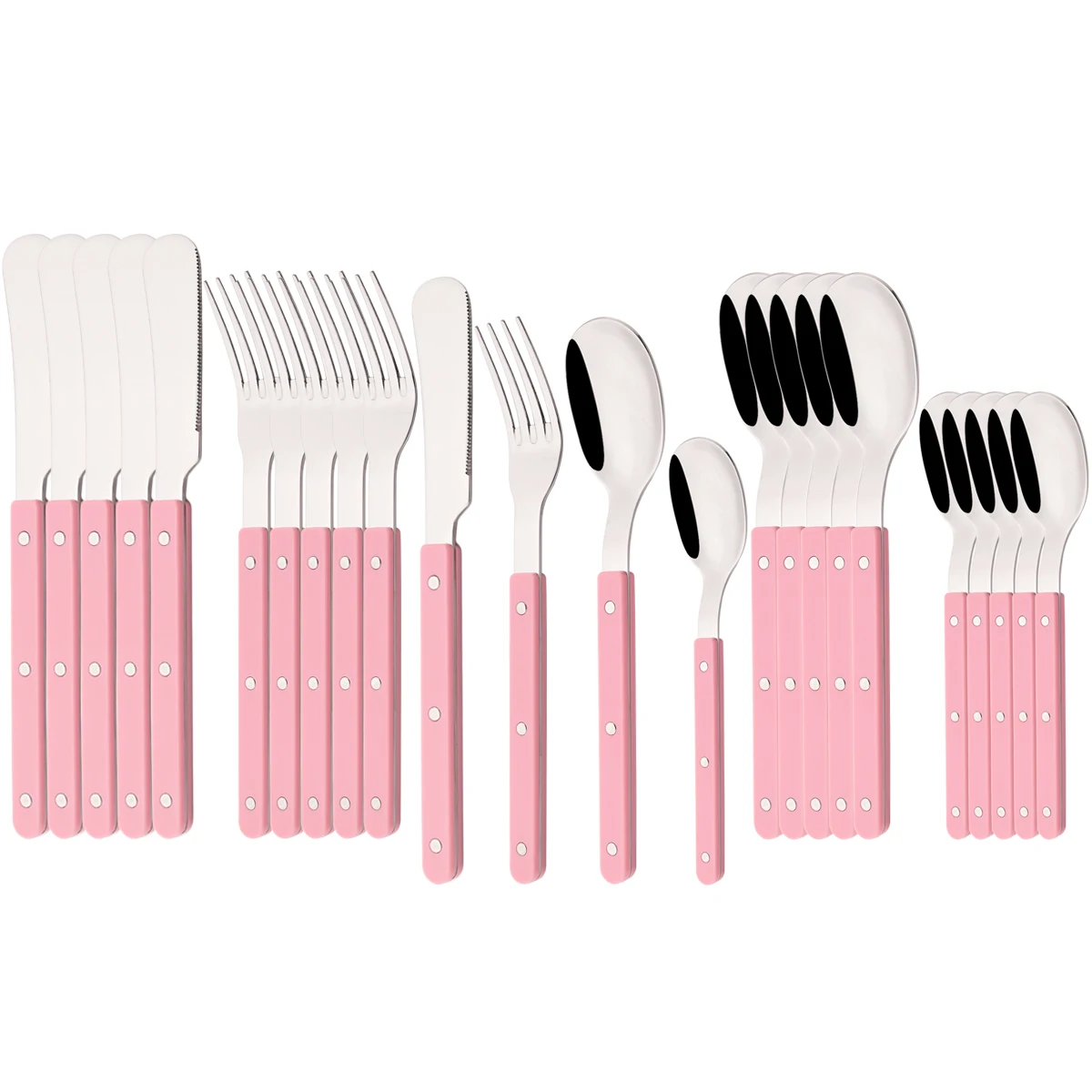 Alça de Acrílico, Talheres de Aço Inoxidável, Incluindo Faca, Garfo e Colher MDUG (rosa, Conjunto de 24 Peças)