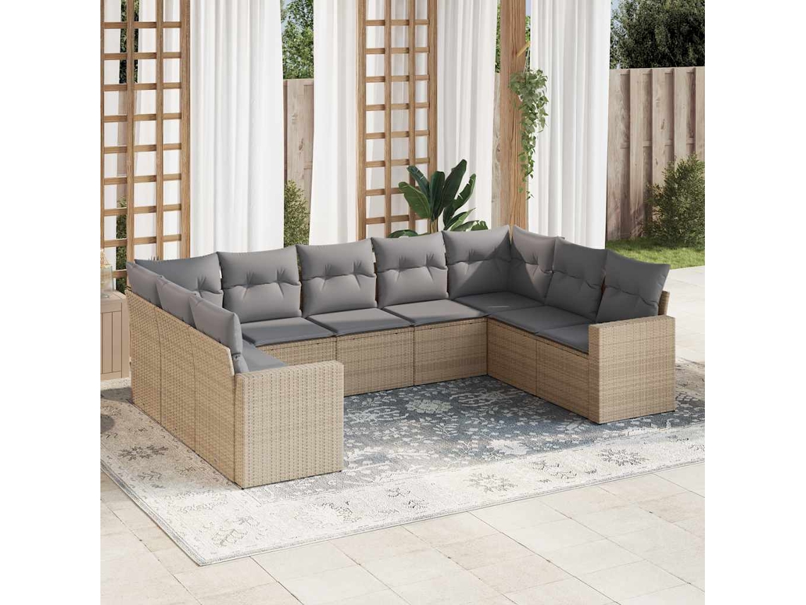 Vidaxl 9 Pcs Conjunto De Sofás P/ Jardim Com Almofadões Vime Pe Bege