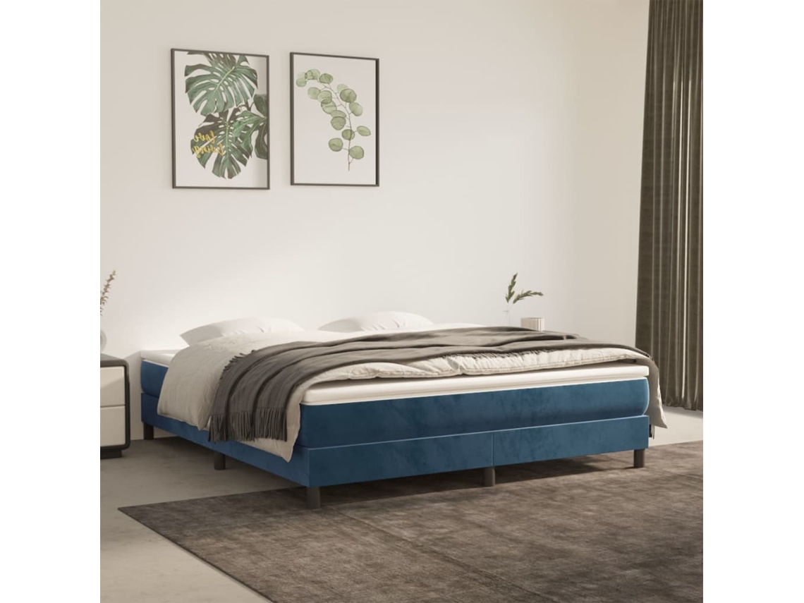 Cama Com Molas/colchão 180x200 Cm Veludo Azul-escuro