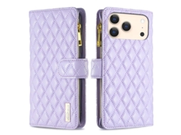 Capa Para Iphone 17 Pro - Couro Com Padrão De Diamante E Zíper
