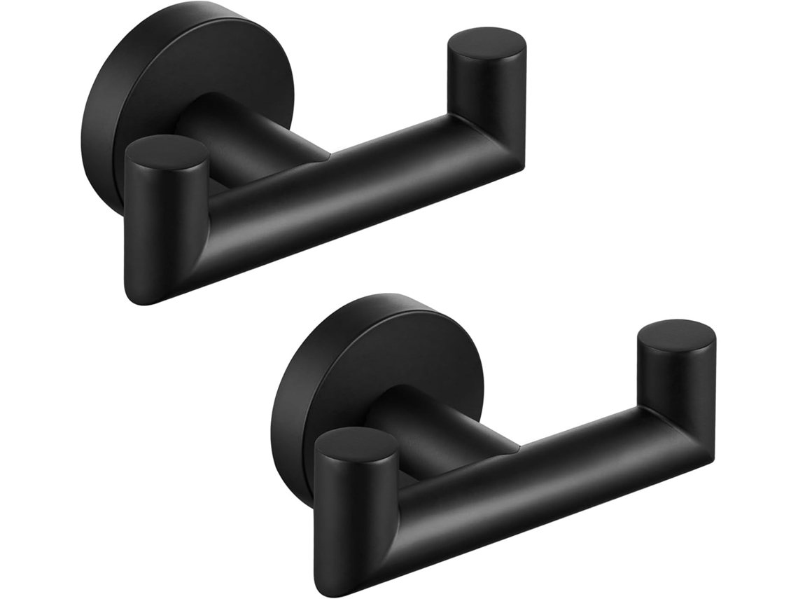 Conjunto De 2 Ganchos Casa De Banho – Suporte Toalha Parede – Gancho Roupão – Gancho Duplo – Aço Inoxidável – Preto