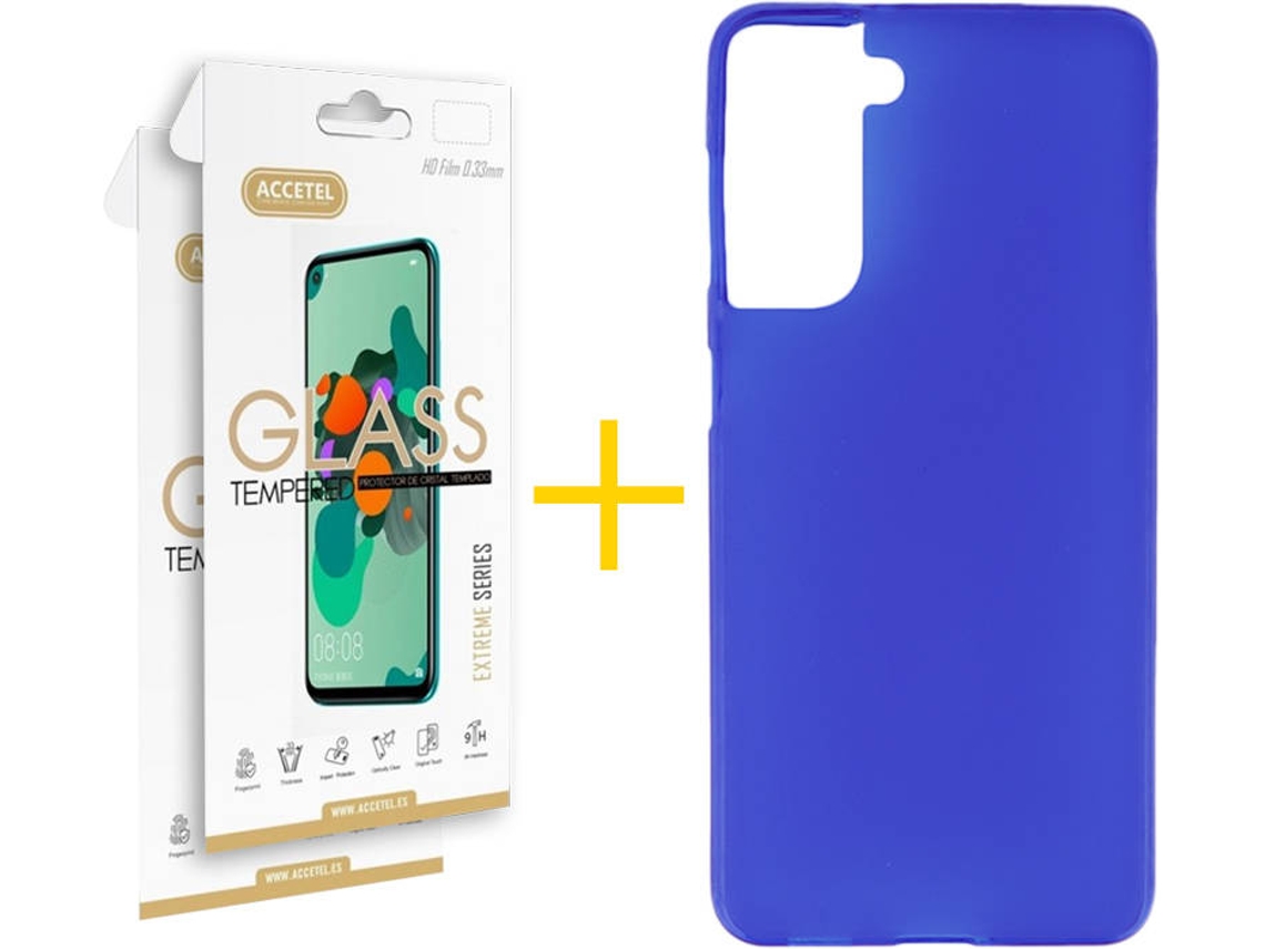 Capa e 2 Películas de Vidro Samsung S21 Plus ACCETEL Silicone Liso Azul