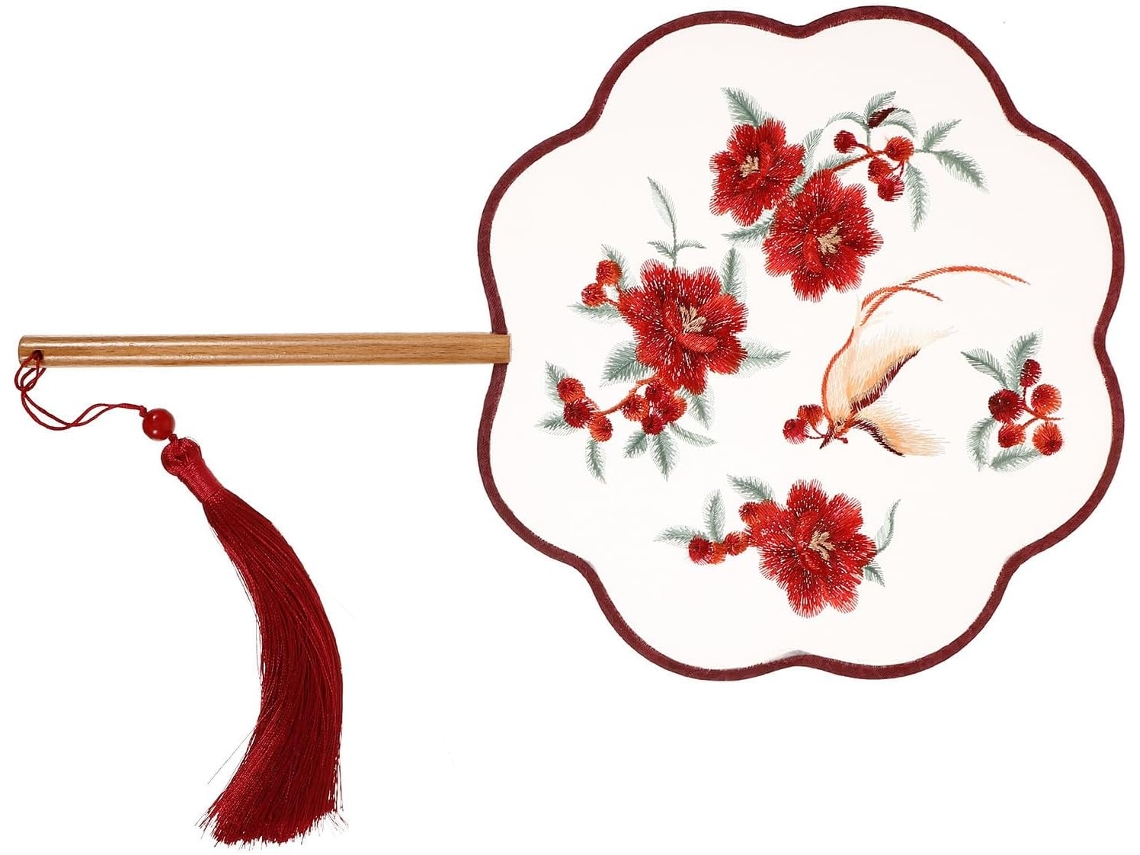 Éventail Rond Chinois Traditionnel En Bois En Soie Véritable Brodé Double Face Pompon Rouge,