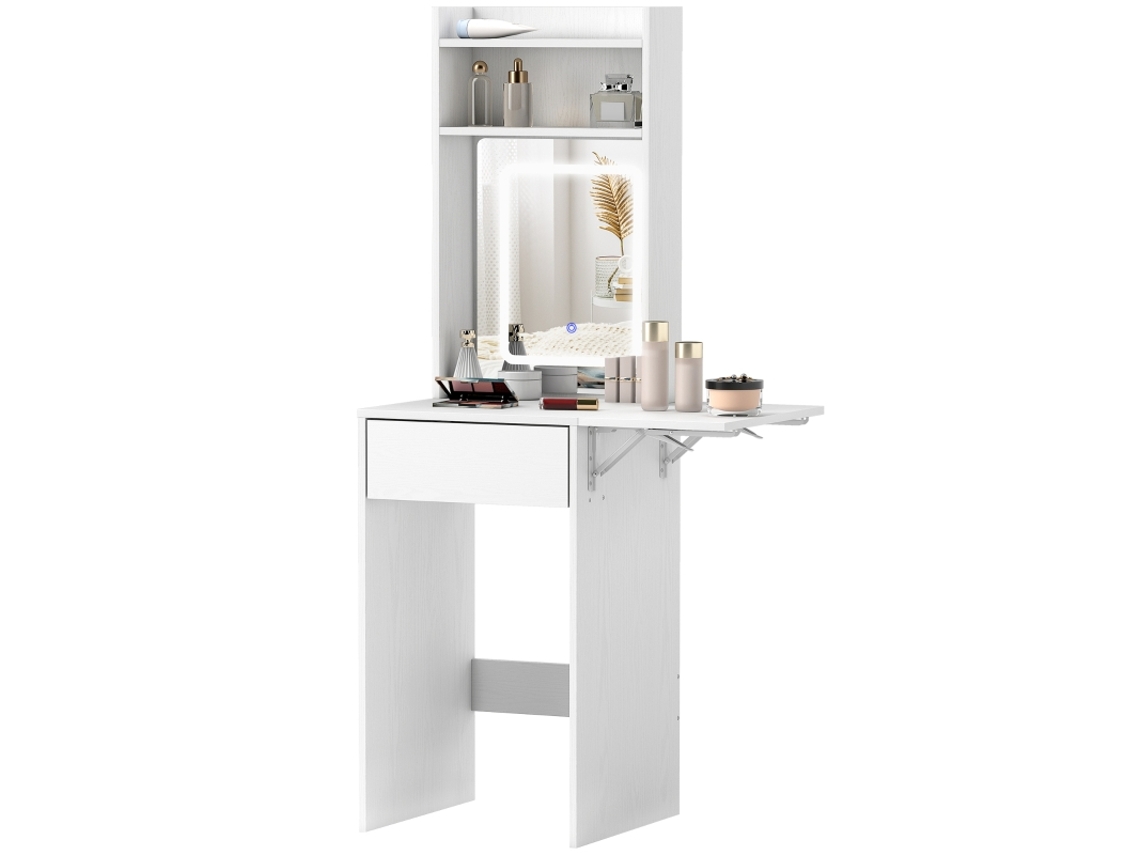 Penteadeira Compacta Branca Com Espelho Led, Mesa Dobrável, Prateleiras Abertas E Gaveta, Mdf Resistente Cs