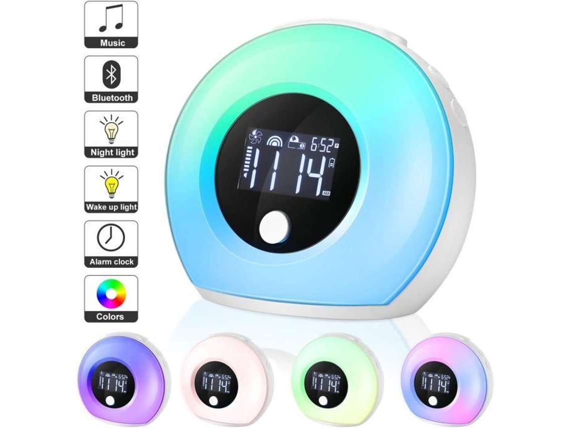 Despertador iluminado com alto-falantes Bluetooth, despertador infantil com visor LCD, 5 cores, luz noturna de indução para crianças, festa, quarto