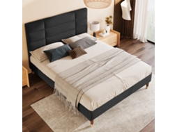 Cama de Casal 140x200 Cm, Cabeceira Estofada, Tecido de Linho Preto, Colchão Não Incluído VSOGA