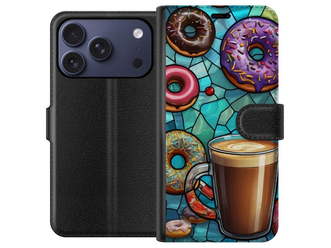 Capa Carteira Compatível Com Apple Iphone 17 Pro. Estampa Colorida De Donuts Com Granulado E Xícara De Café, Perfeita Para Quem Ama Café E Tem Um Desi