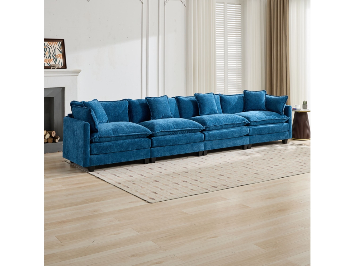 Sofá Sectional Cloud 4 Lugares (pufe Não Incluído), Estofado Dupla Camada, Tecido Chenille Respirável, Azul, De5014bl, Para Sala, Quarto E Apartamento