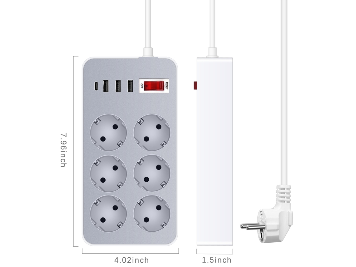 2026 barramento de Energia 10 em 1 com 6 Tomadas e 4 Portas Usb Cordo de 1,2m Plugue Eu para Lar Escritório Hotel
