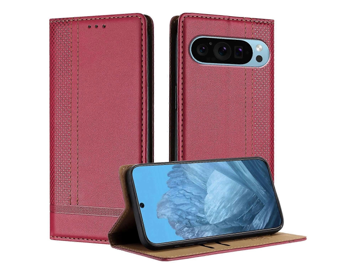Capa De Couro Com Padrão De Grade Em Forma De L Para Google Pixel 9 Com Compartimentos Para Cartões