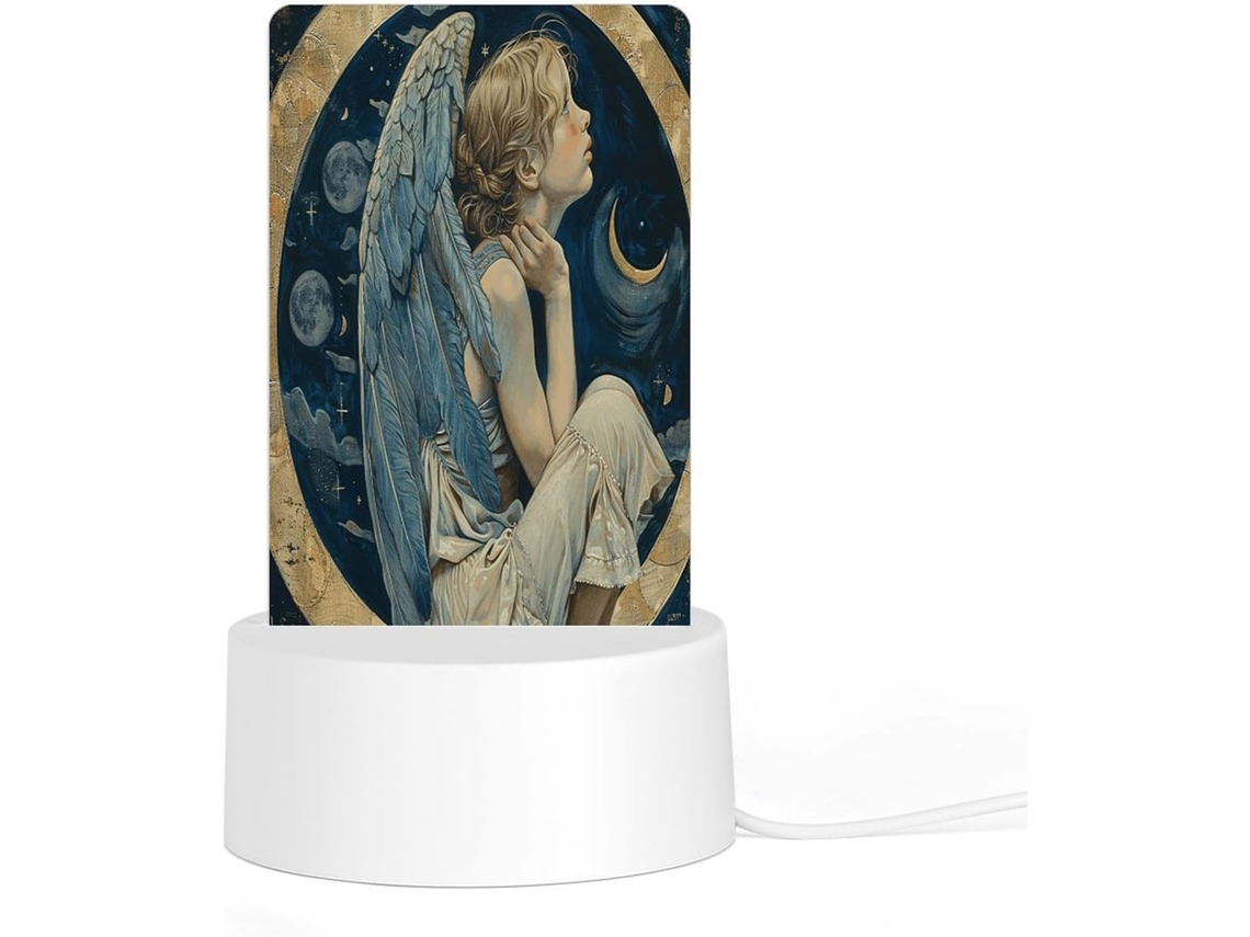 Luminária noturna de acrílico com LED e base de plástico encaixável, modelo Anjo com alças azuis.
