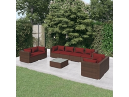 Vidaxl 9 Pcs Conjunto Lounge Jardim C/ Almofadões Vime Pe Castanho