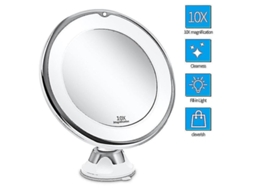 Espelho de Maquiagem 2026 com Luz, Ampliação de 10x, Bateria USB, Ventosa, Rotação de 360°