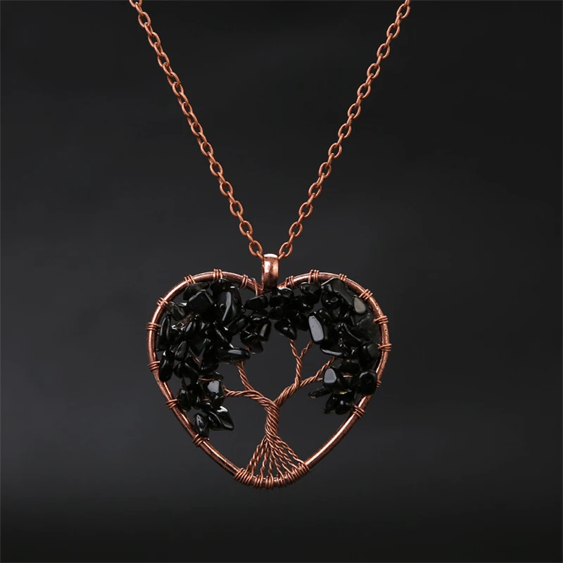 Colar com Pingente em Forma de Coração de Cristal Negro para Cura Dos Chakras, Representando a Árvore da Vida. MDUG