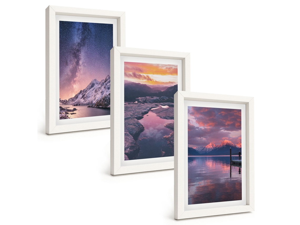 Conjunto De Pinturas Montanhas, Água, Belas Paisagens Moldura Branca Quadros Para A Sala De Estar Espelharte (3 Peças 20x30 Cm)