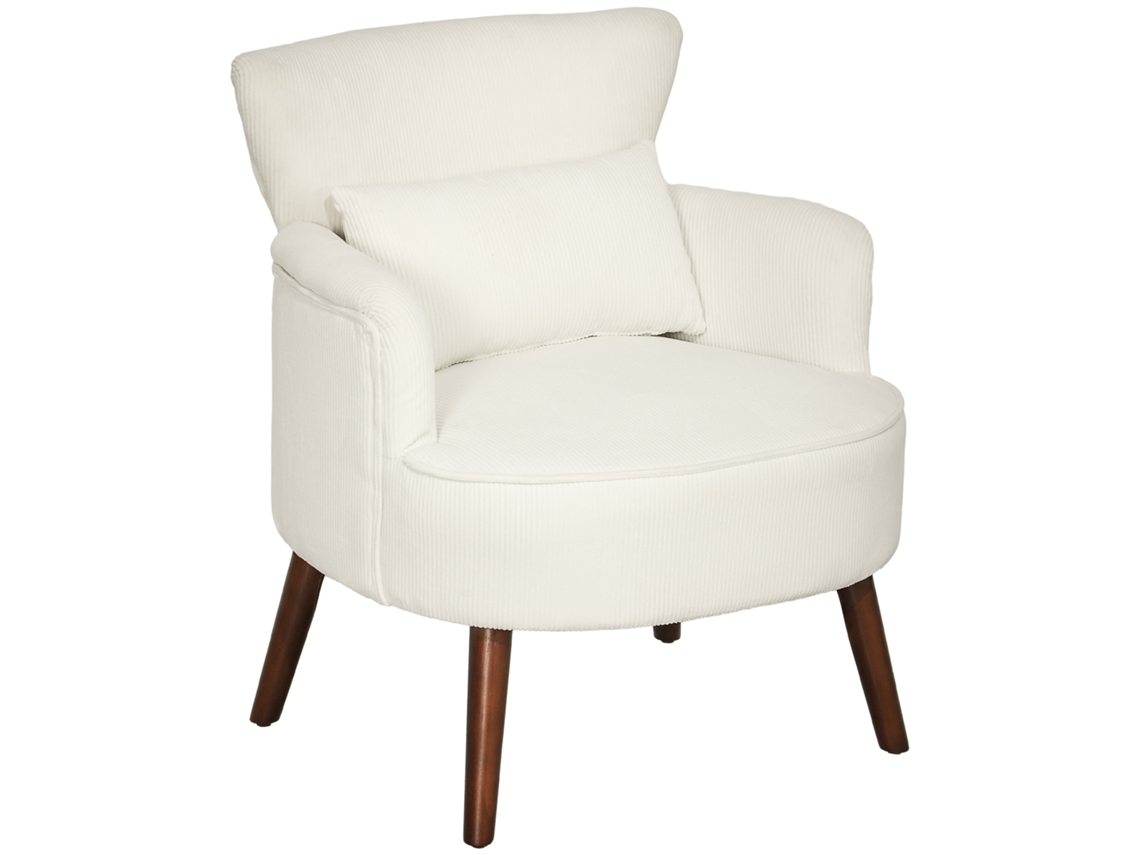 Poltrona moderna S/MARCA, com almofada lombar, madeira de borracha, branco creme