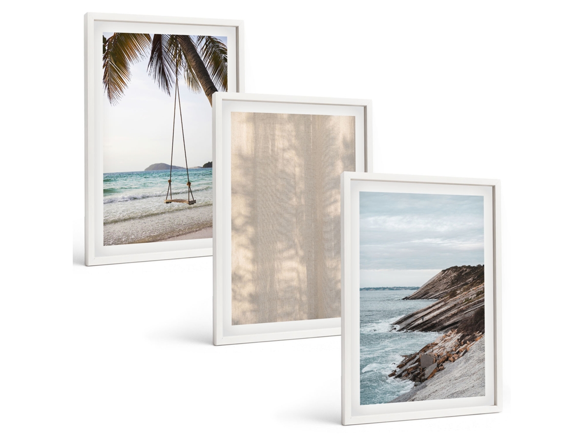 Composição De Quadros Na Parede Areia De Verão, Vistas Para O Mar Moldura Branca Quadros Para O Escritório Espelharte (3 Piezas De 40x60 Cm)