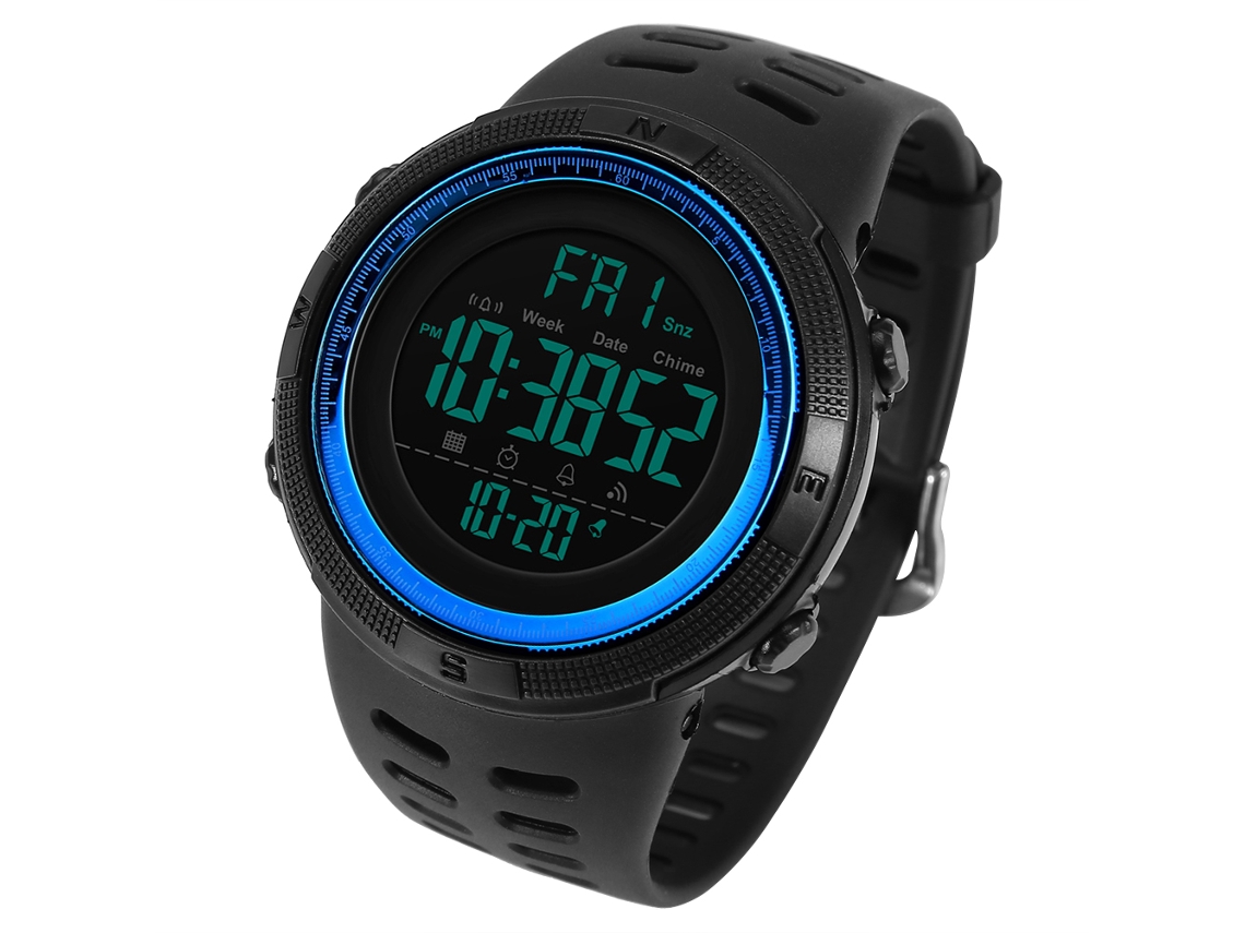 Relógio esportivo digital masculino com luz de fundo, redondo, à prova d'água, azul.