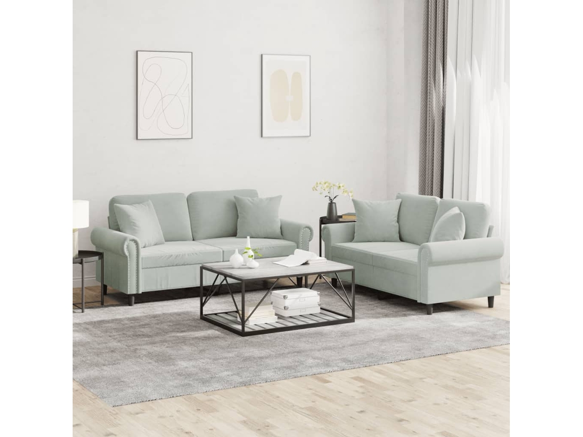 Vidaxl 2 Pcs Conjunto De Sofás Com Almofadas Veludo Cinzento-claro
