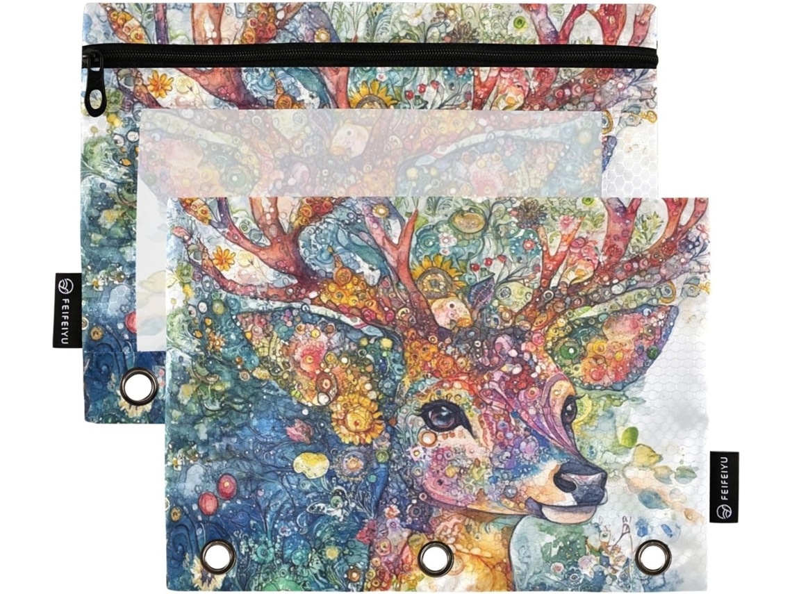 Pasta Boêmia Com Estampa De Rena, Zíper E Janela Transparente, Estojo Grande E Resistente, 3 Bolsos Encadernação Em