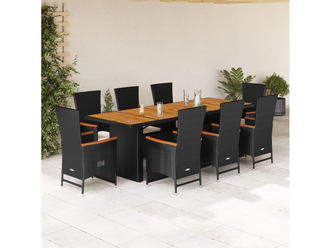 Vidaxl 9 Pcs Conjunto De Jantar P/ Jardim C/ Almofadões Vime Pe Preto