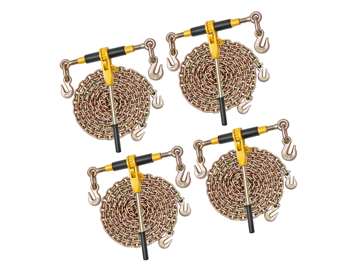 Corrente de Amarração Tensor 4 Jogos, Catraca Carga Trabalho 3628,7 Kg, Conjunto com Mangueira Antiderrapante para Fixar Cargas, Transporte, Reboques