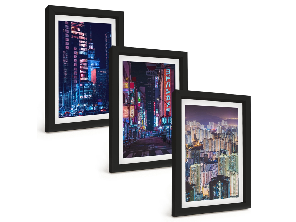Pinturas Murais Modernascidade Noturna, Luzes De Néon Moldura Preta Fotos Para O Corredor Espelharte (3 Peças 20x30 Cm)