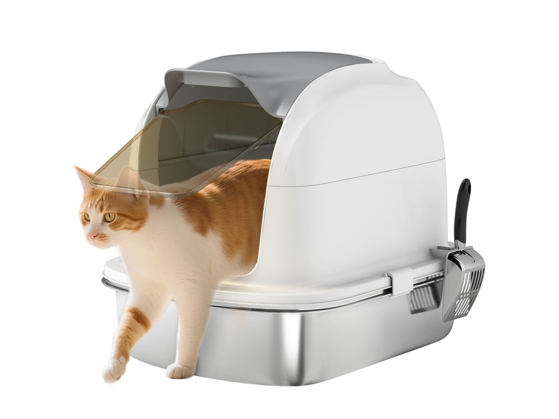Caixa de Areia para Gatos Tamanho XL em Aço Inoxidável com Tampa Articulada, Laterais Altas, Entrada Superior e Pá Branca ESSÊNCIACASA