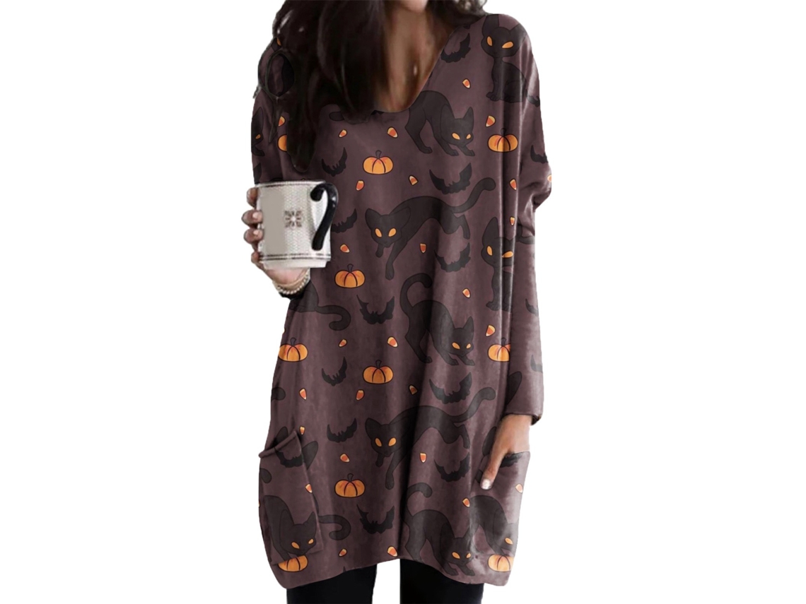 Laxiscreed Roupa De Dormir Feminina Tall Com Manga Longa, Vestido-túnica Com Bolsos E Gola, Estilo Halloween Xl