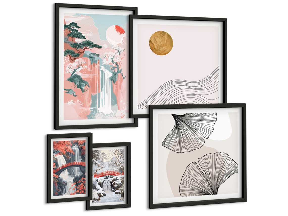Quadros Decorativos Para Parede Ilustrações De Cidades Costeiras Moldura Preta Quadros Para A Sala De Estar Espelharte (conjunto De 5 Imagens)