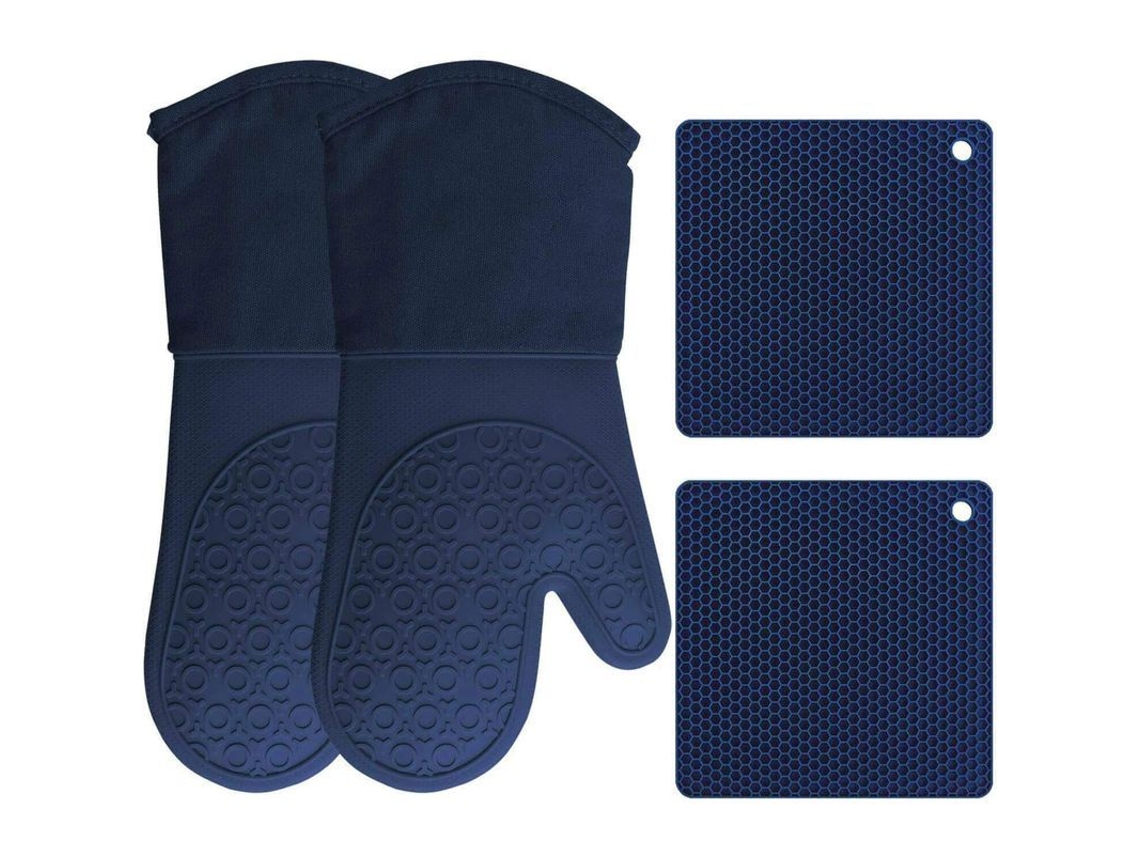 Conjunto de 4 peças 2026: Luvas de forno e porta-copos de silicone resistentes ao calor e antiderrapantes para cozinha, azul escuro.