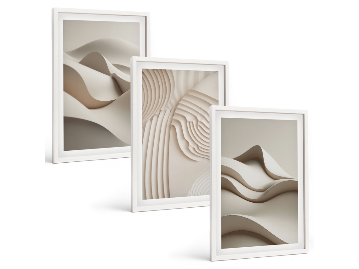 Quadros Decorativos Para Parede Ondas Abstratas Em Bege Moldura Branca Imagens Para Um Quarto Infantil Espelharte (3 Piezas De 40x60 Cm)