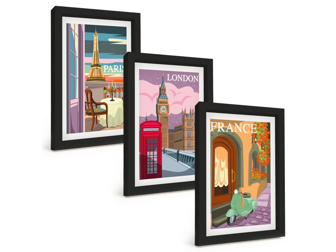 Composição De Quadros Vistas Retrô De Paris E Londres Espelharte (3 Peças 20x30 Cm)