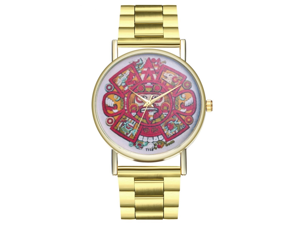 Relógio retrô para casal com calendário, pulseira de aço dourado e mecanismo de quartzo simples.