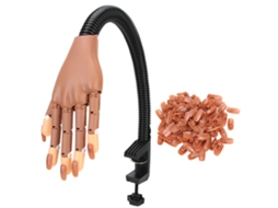 Mão artificial flexível para praticar manicure e nail art com 100 pontas de unhas removíveis.