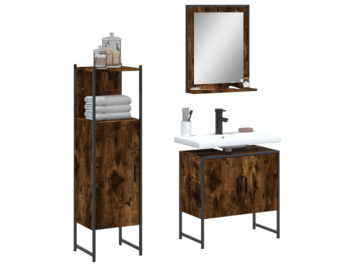 Vidaxl 3 Pcs Conjunto Móveis Wc Derivados De Madeira Carvalho Fumado