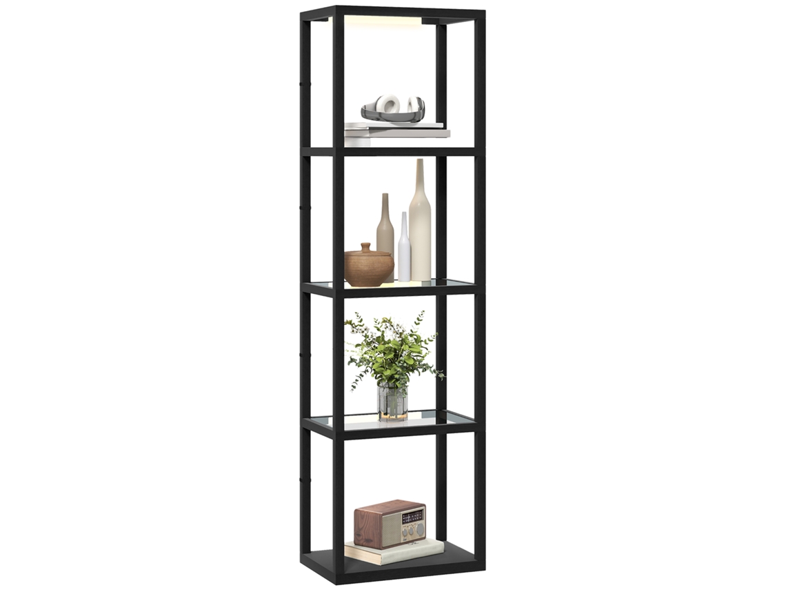 Candeeiro Pé Led Com 4 Prateleiras E 4 Compartimentos Vidro, Interruptor, Mdf, Preto