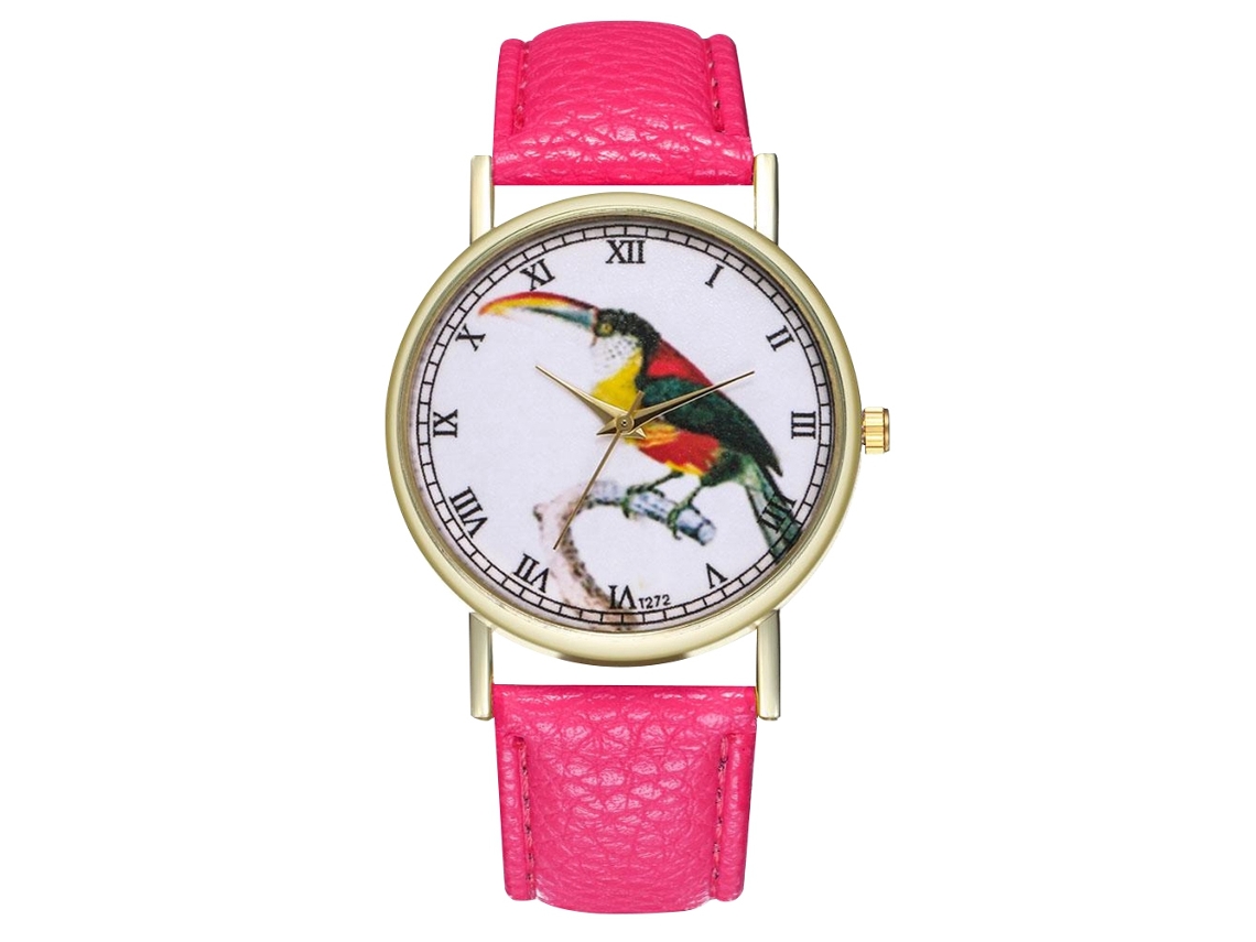 Relógio de quartzo unissex Zhoulianfa com pulseira de couro PU e mostrador com desenho de pássaro (rosa e vermelho)