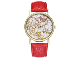 Relógio de Pulso Antigo Mapa Moda Quartzo Lazer com Cinto de Couro Vermelho