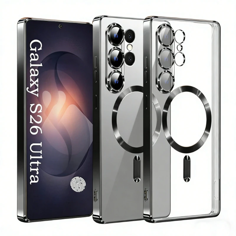 Capa Magnética Macia (preta) Para Samsung Galaxy S26 Plus, Com Protetor De Lente Transparente Eletrodepositado.