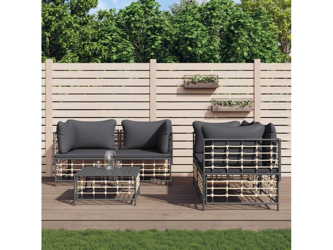 Conjunto de 5 Pcs Lounge de Jardim com Almofadões Vime Pe Antracite PANGSHIYUAN
