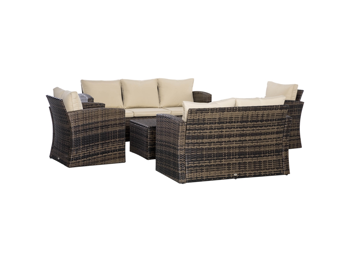 Conjunto de Jardim Vime 6 Peças S/MARCA (sofá 2 e 3 Lugares, 2 Cadeiras, 2 Mesas, Almofadas, Caqui)