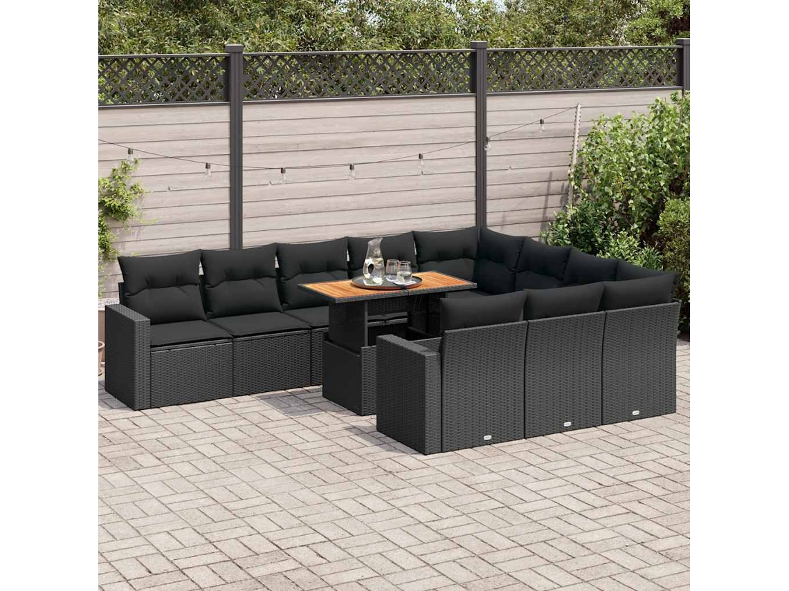Vidaxl 11 Pcs Conjunto Sofás de Jardim C/ Almofadões Vime Pe Preto