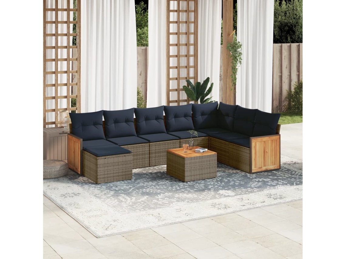 Vidaxl Conjunto De Sofá De Jardim De 9 Peças Com Almofadas Em Rattan Sintético Cinza