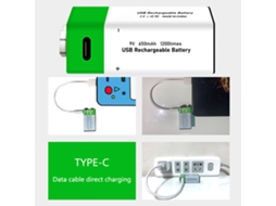 Bateria de Lítio Recarregável 9v 650mah com Porta Type c para Microfone e Guitarra