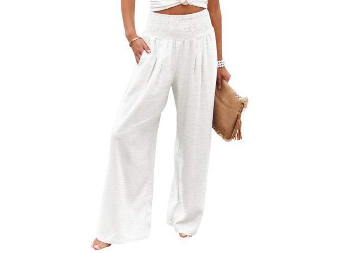 2026 calça Feminina de Cintura Alta Elástica com Pernas Largas Casual com Bolsos para Relaxamento M Blanco