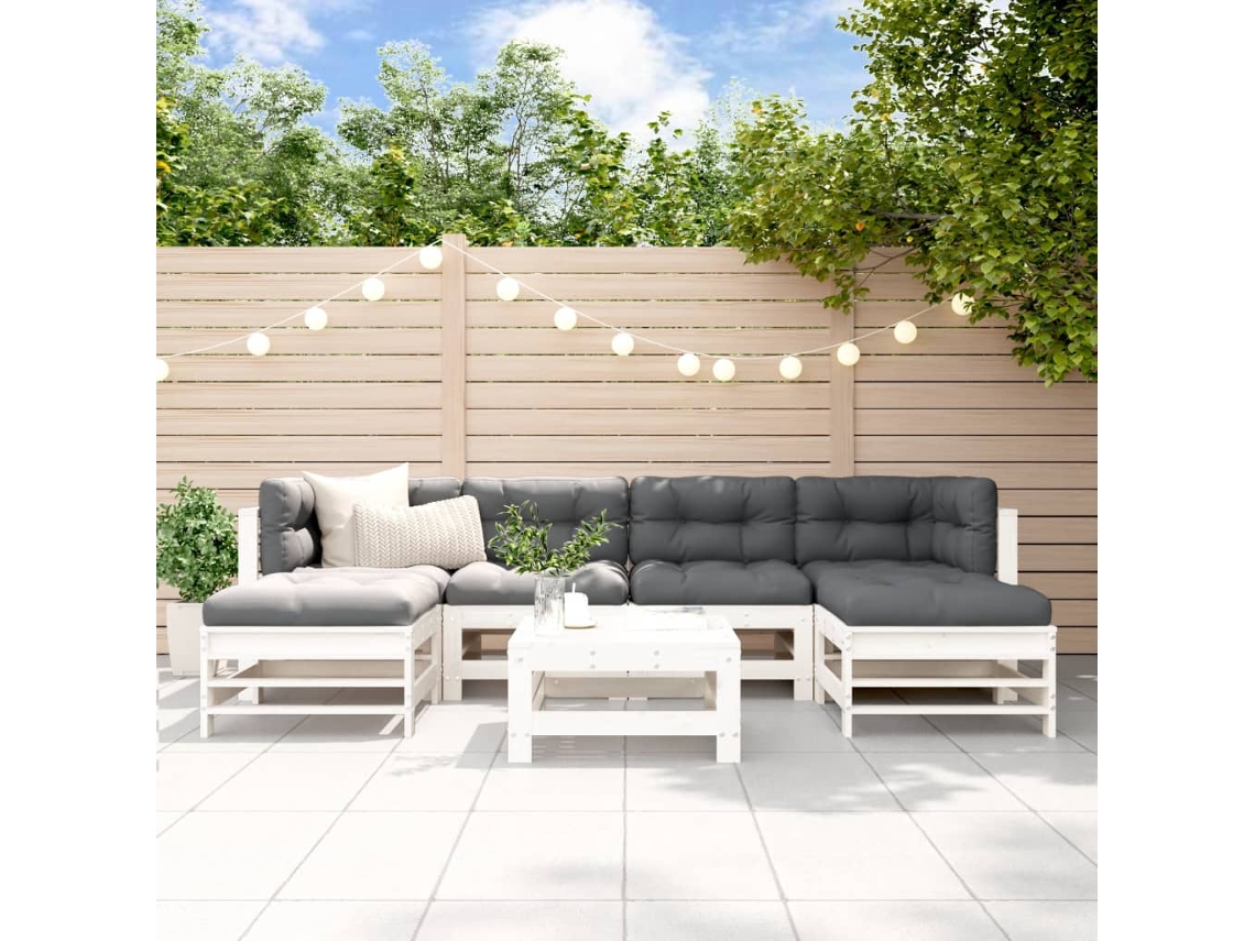 Vidaxl 7pcs Conjunto Lounge Jardim C/ Almofadões Madeira Maciça Branco