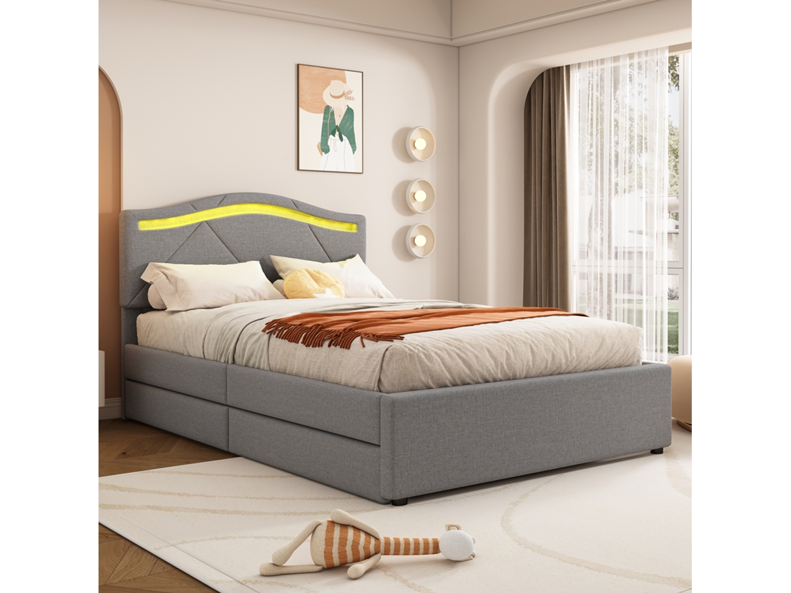 Cama Estofada 90x200cm, Base Ripas, Led, 2 Gavetas, Cabeceira Ajustável, Linho, Minimalista, Cinza, Sem Colchão-op
