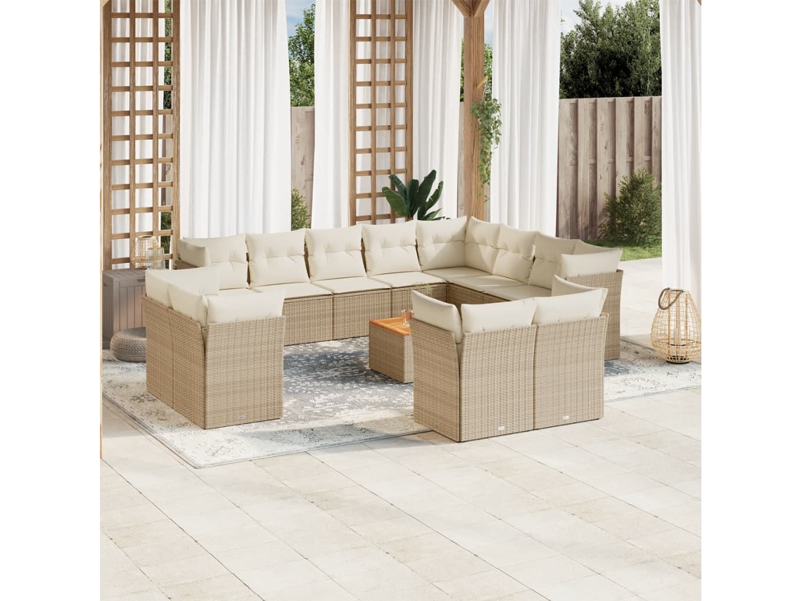 Vidaxl 13 Pcs Conjunto De Sofás P/ Jardim Com Almofadões Vime Pe Bege